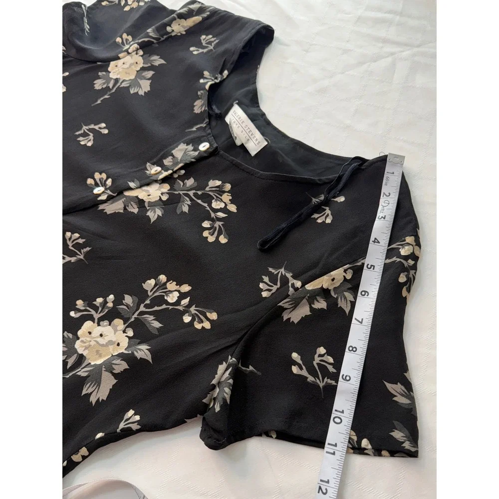 Vintage 90s Valerie Stevens Pure Silk Black Floral Mini Dress Button Front 8 - Picture 8 of 8